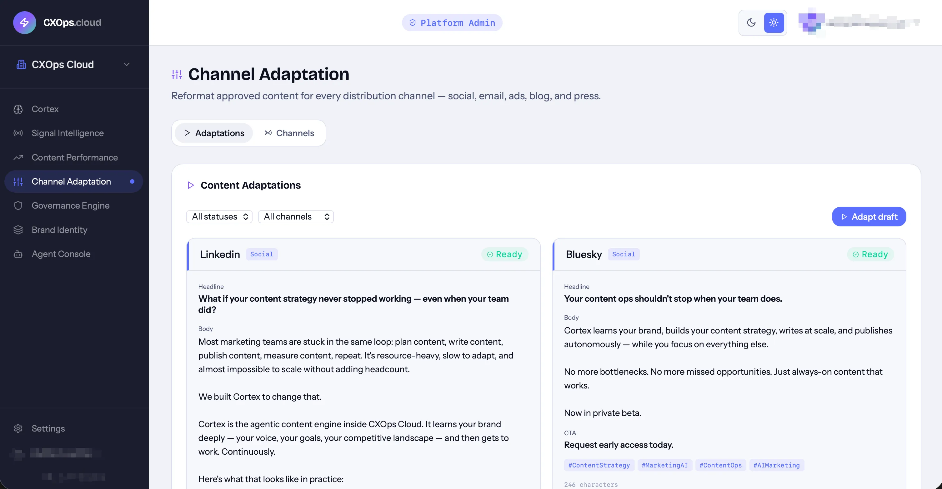 Channel Adaptation interface