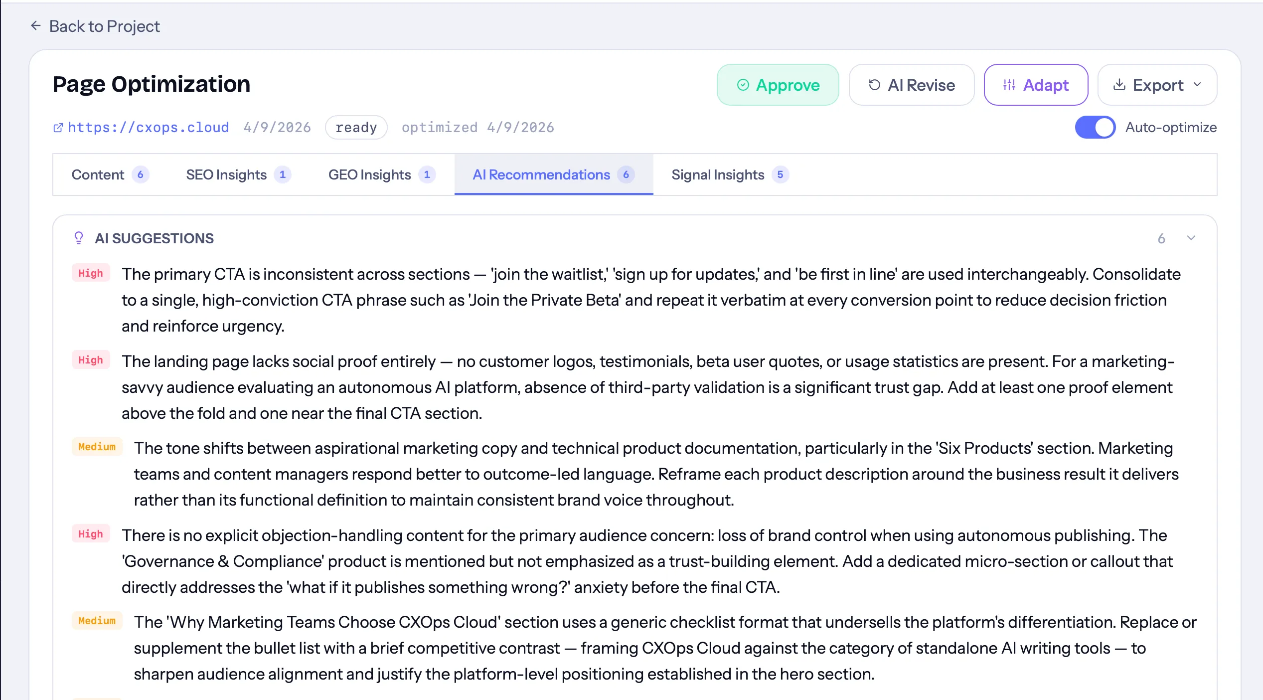 Cortex AI Recommendations tab