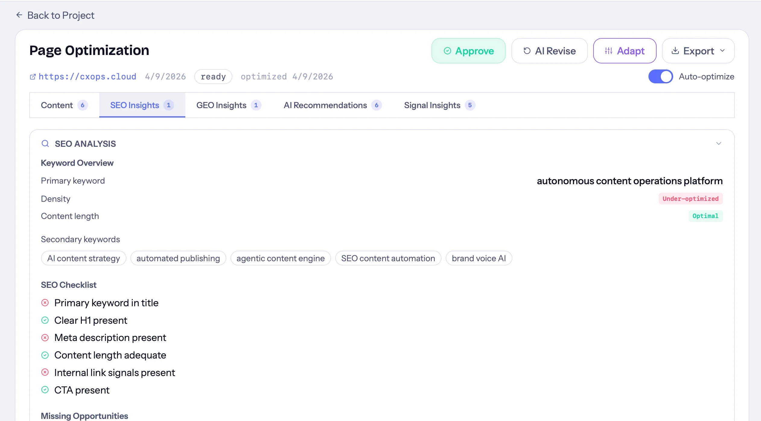 Cortex SEO analysis panel