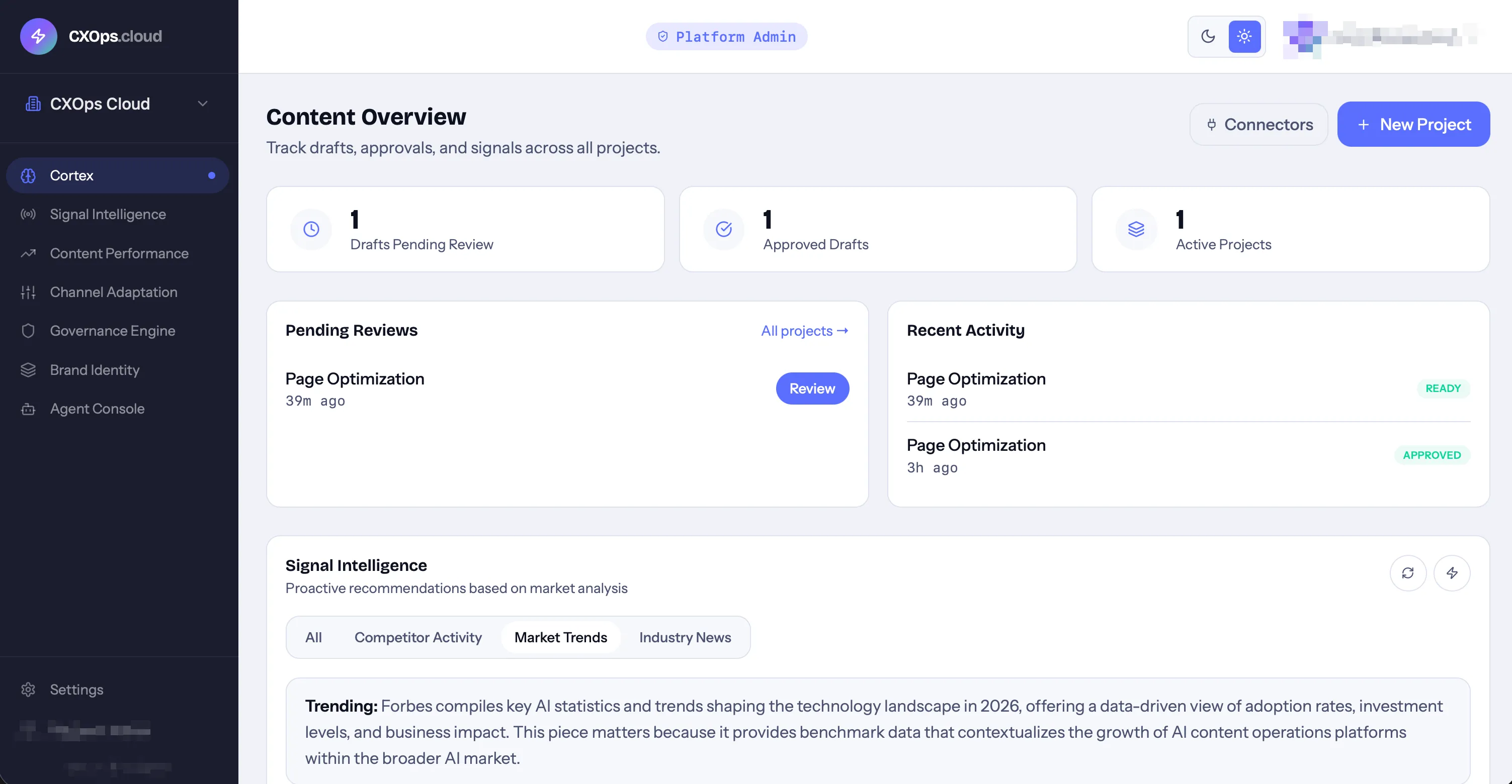 Cortex projects view